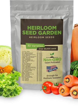 Heirloom Seed Garden 33 Variety Pack Non-GMO Open Pollinated Seeds Over 30,000 for Multiple Seasons USA Grown Freshness Sealed Bag
