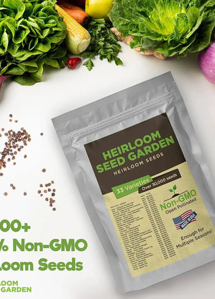 Heirloom Seed Garden 33 Variety Pack Non-GMO Open Pollinated Seeds Over 30,000 for Multiple Seasons USA Grown Freshness Sealed Bag